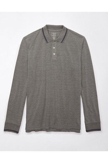 AE Long-Sleeve Polo Shirt Men's Heather Gray S by AMERICAN EAGLE