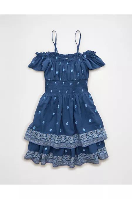 AE Off-The-Shoulder Smocked Mini Dress Women's Blue Vibe by AMERICAN EAGLE