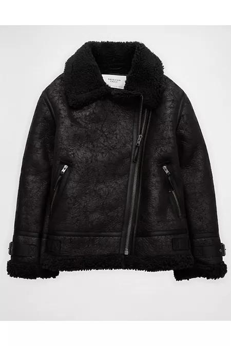 AE Oversized Shearling Biker Jacket Women's Black by AMERICAN EAGLE