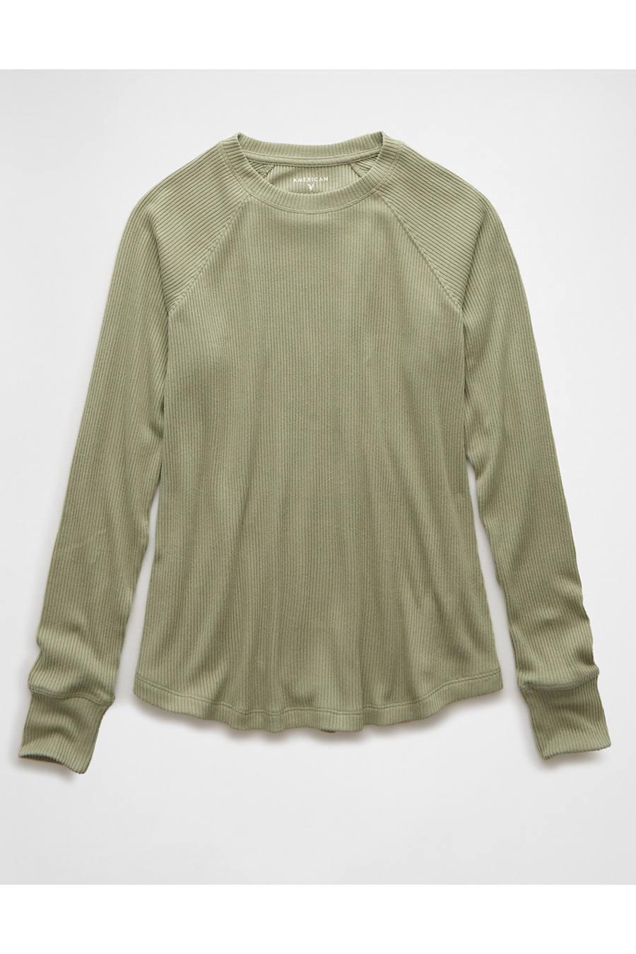 AE Plush Long-Sleeve Crew Neck T-Shirt Women's Olive by AMERICAN EAGLE