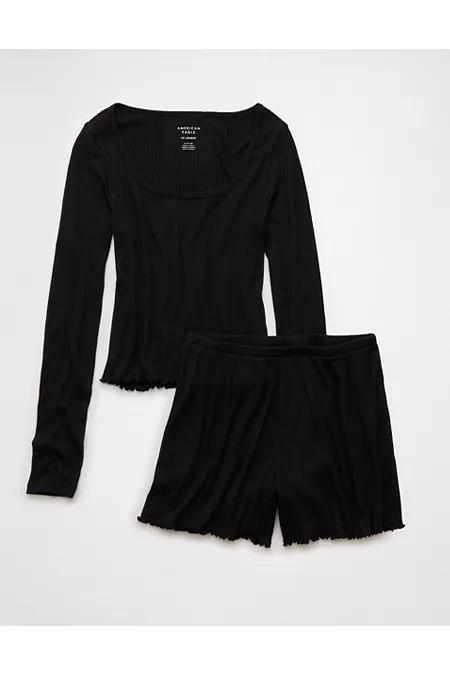 AE Ribbed Plush PJ Set Women's Bold Black by AMERICAN EAGLE