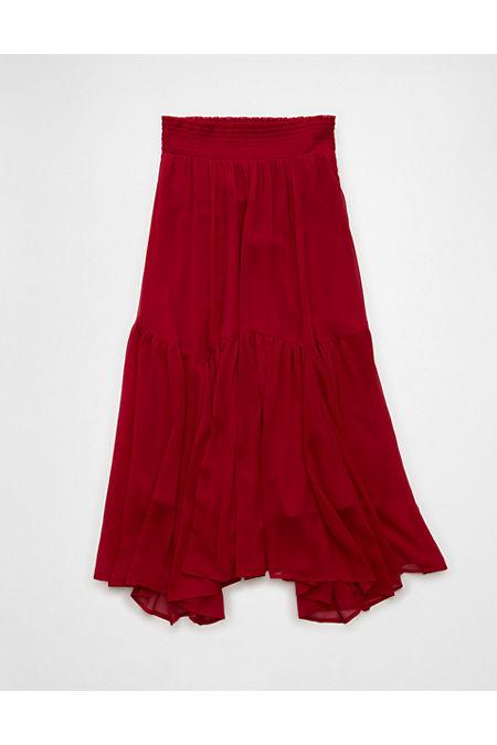 AE Smocked Handkerchief Hemaxi Skirt Women's Berry by AMERICAN EAGLE AE Smocked Handkerchief Hemaxi Skirt Women's Berry by AMERICAN EAGLE
