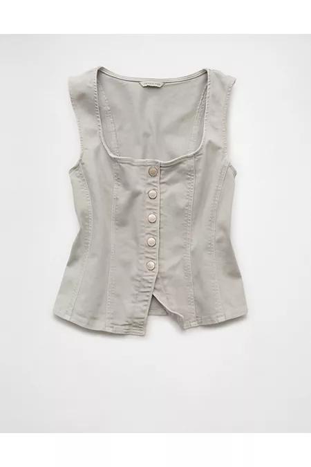 AE Square Neck Button-Up Denim Vest Women's Light Gray by AMERICAN EAGLE
