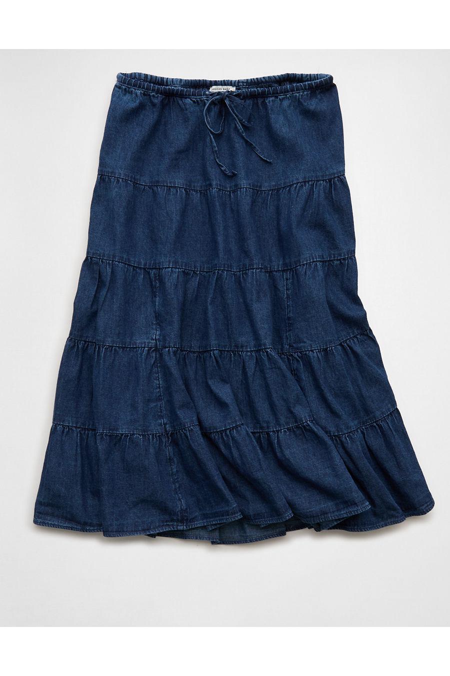 AE Stretch Mid-Rise Midi Skirt Women's Dark Wash by AMERICAN EAGLE