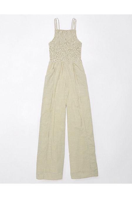 AE Striped High Neck Smocked Jumpsuit Women's Olive XXL by AMERICAN EAGLE