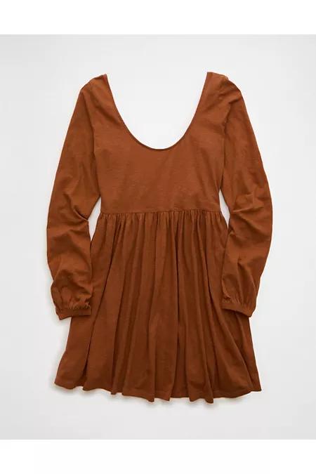 AE Sunchaser Knit Long-Sleeve Scoop Neck Mini Dress Women's Amber Brown by AMERICAN EAGLE