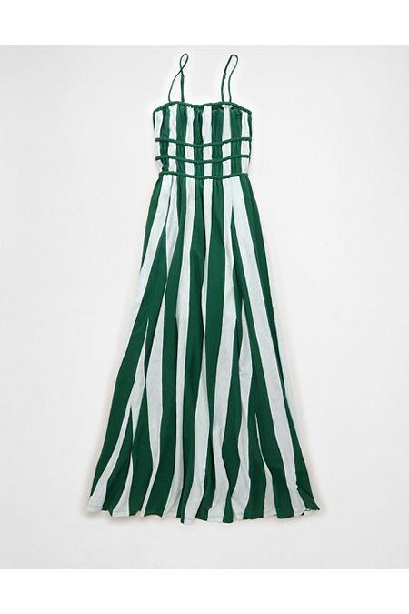 AE Sunchaser Knit Smocked Bodice Striped Midi Dress Women's Green by AMERICAN EAGLE