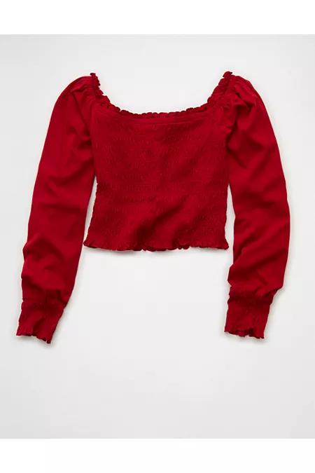 AE Sunchaser Off-the-Shoulder Smocked Tee Women's Warm Red by AMERICAN EAGLE