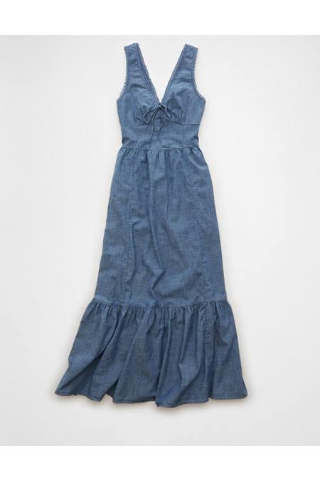 AE Tie-Front Midi Dress Women's Medium Wash by AMERICAN EAGLE AE Tie-Front Midi Dress Women's Medium Wash by AMERICAN EAGLE