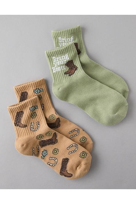 AE Western Cactus Boyfriend Socks 2-Pack Women's Dried Sage One Size by AMERICAN EAGLE