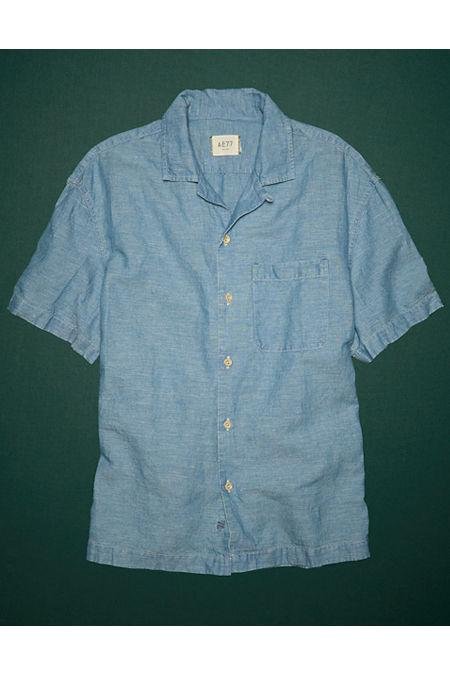 AE77 Premium Chambray Camp Collar Button-Up Shirt NULL Chambray Blue XS by AMERICAN EAGLE