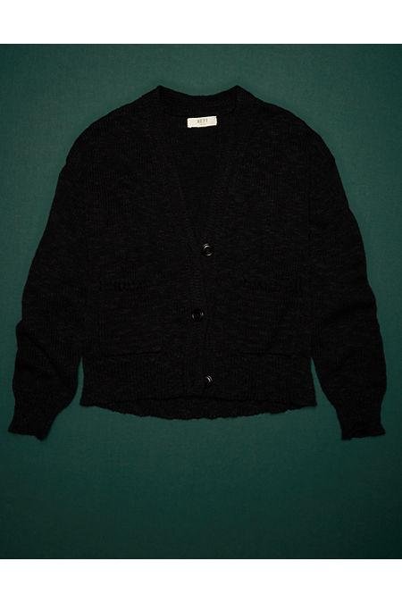 AE77 Premium Cropped Linen Sweater Cardigan NULL Black L by AMERICAN EAGLE