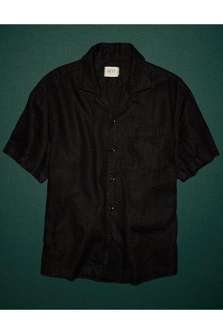 AE77 Premium Linen Camp Collar Button-Up Shirt NULL Black L by AMERICAN EAGLE