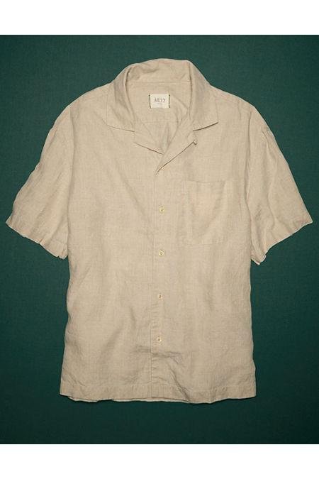 AE77 Premium Linen Camp Collar Button-Up Shirt NULL Natural XL by AMERICAN EAGLE