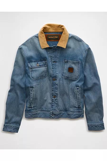 Timberland x AE Denim Jacket Men's Indigo Fray by AMERICAN EAGLE Timberland x AE Denim Jacket Men's Indigo Fray by AMERICAN EAGLE