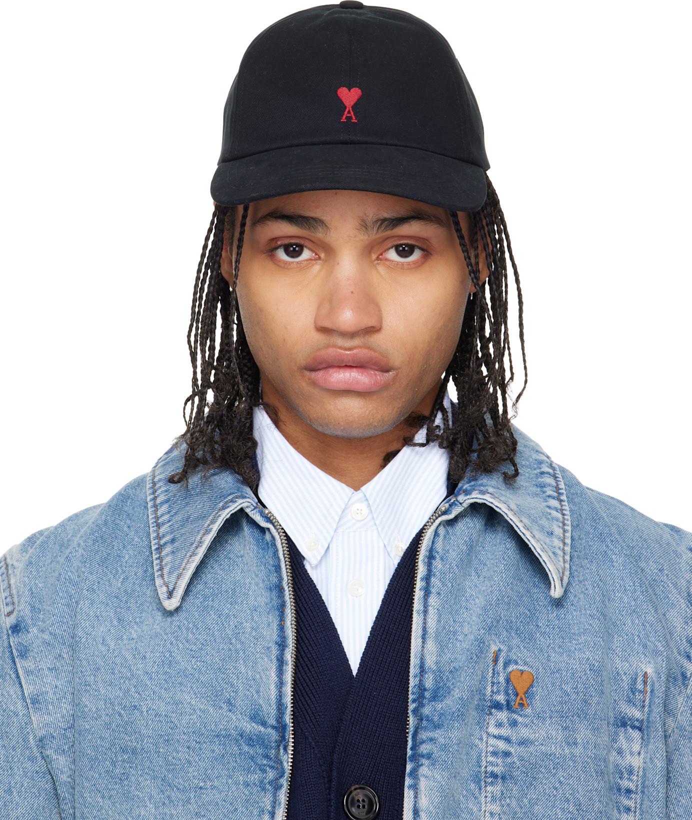 Black Cotton Ami de Coeur Embroidery Cap by AMI