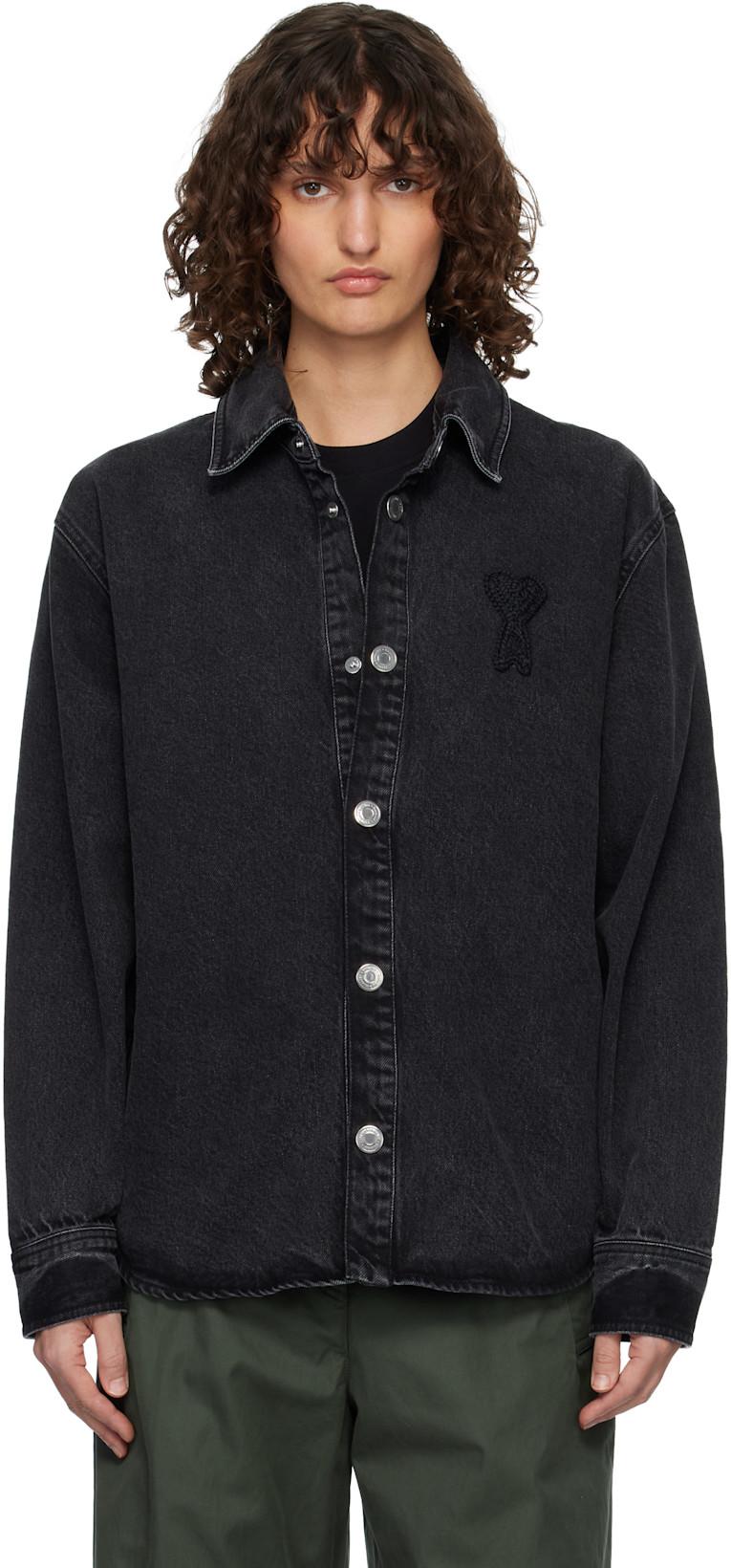 Black Cotton Knitted Ami de Coeur Denim Overshirt by AMI