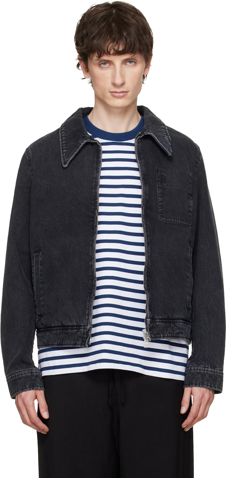 Black 'Tonal Ami de Coeur' Zipped Denim Jacket by AMI