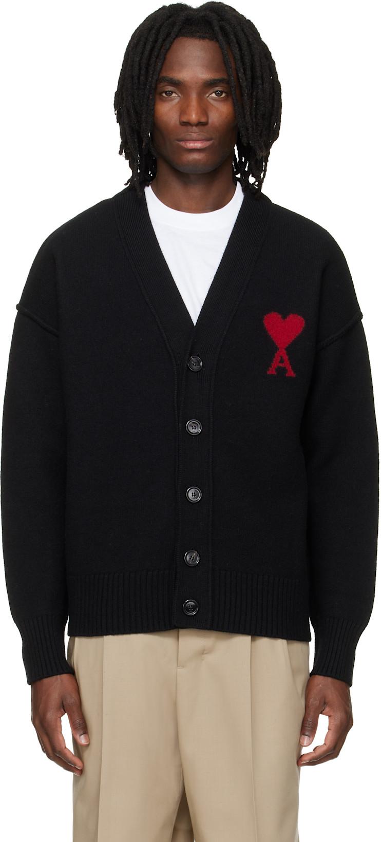 Black Wool Contrasted Ami de Coeur Cardigan by AMI