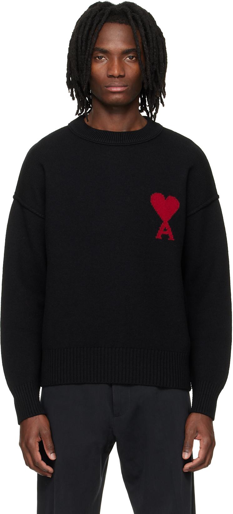 Black Wool Contrasted Ami de Coeur Crewneck Sweater by AMI