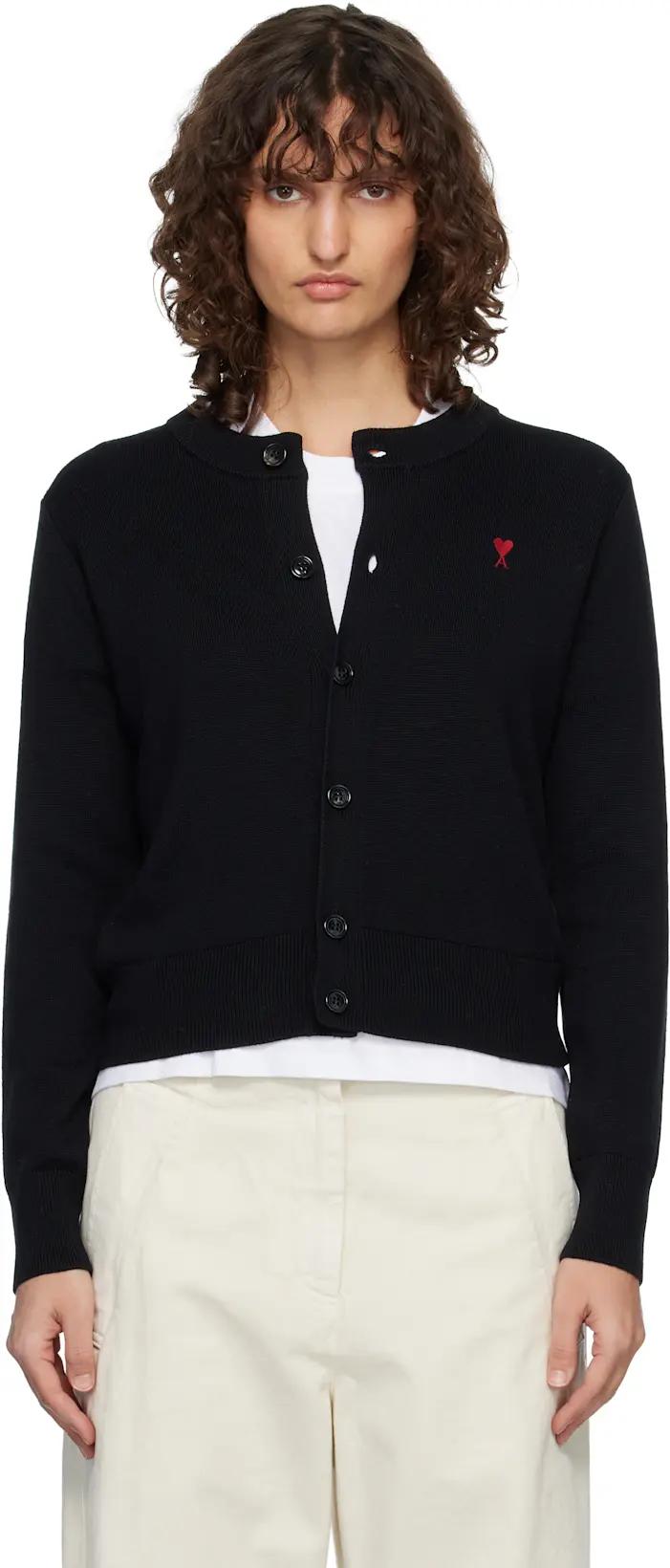 Black Wool Crewneck Ami de Coeur Cardigan by AMI