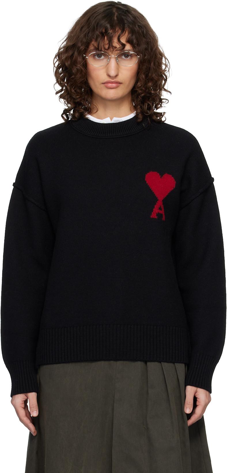 Black Wool Crewneck Ami de Coeur Sweater by AMI