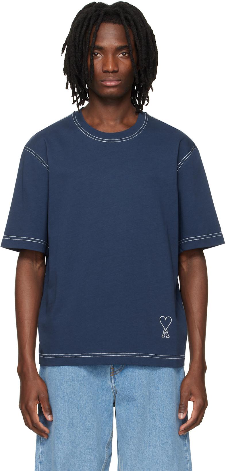 Blue Boxy Fit Topstitched Ami de Coeur T-shirt by AMI
