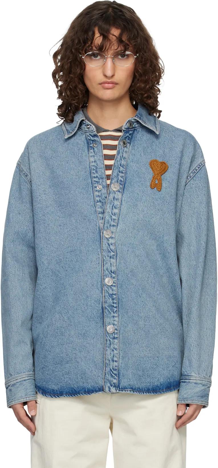 Blue Cotton Knitted Ami de Coeur Denim Overshirt by AMI