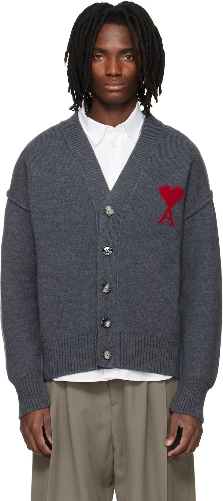 Gray Wool Contrasted Ami de Coeur Cardigan by AMI