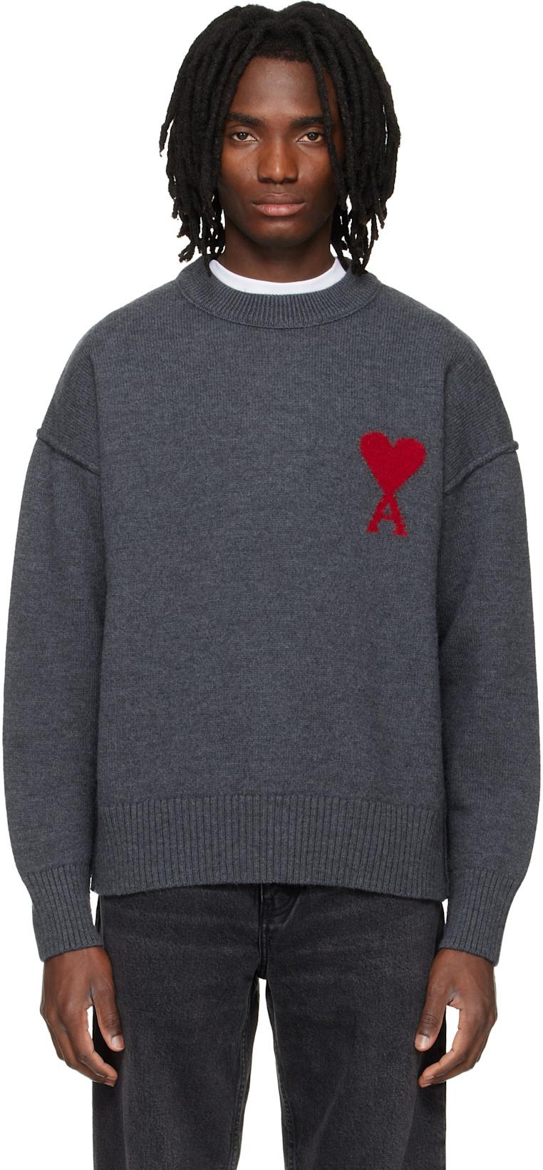 Gray Wool Contrasted Ami de Coeur Crewneck Sweater by AMI