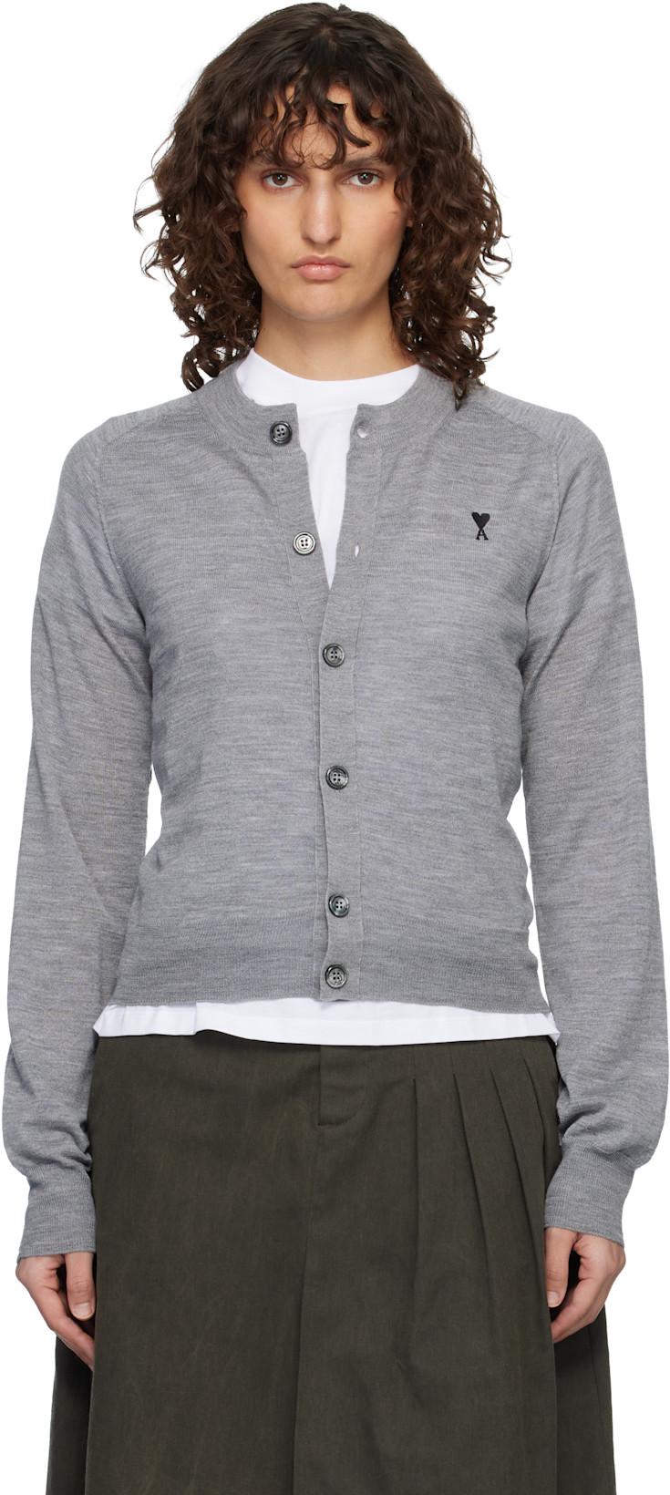 Gray Wool Crewneck Ami de Coeur Cardigan by AMI