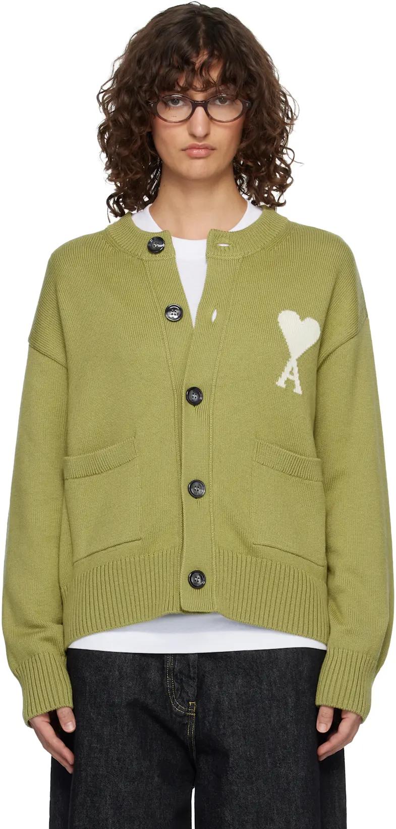Green Wool Crewneck Ami de Coeur Cardigan by AMI
