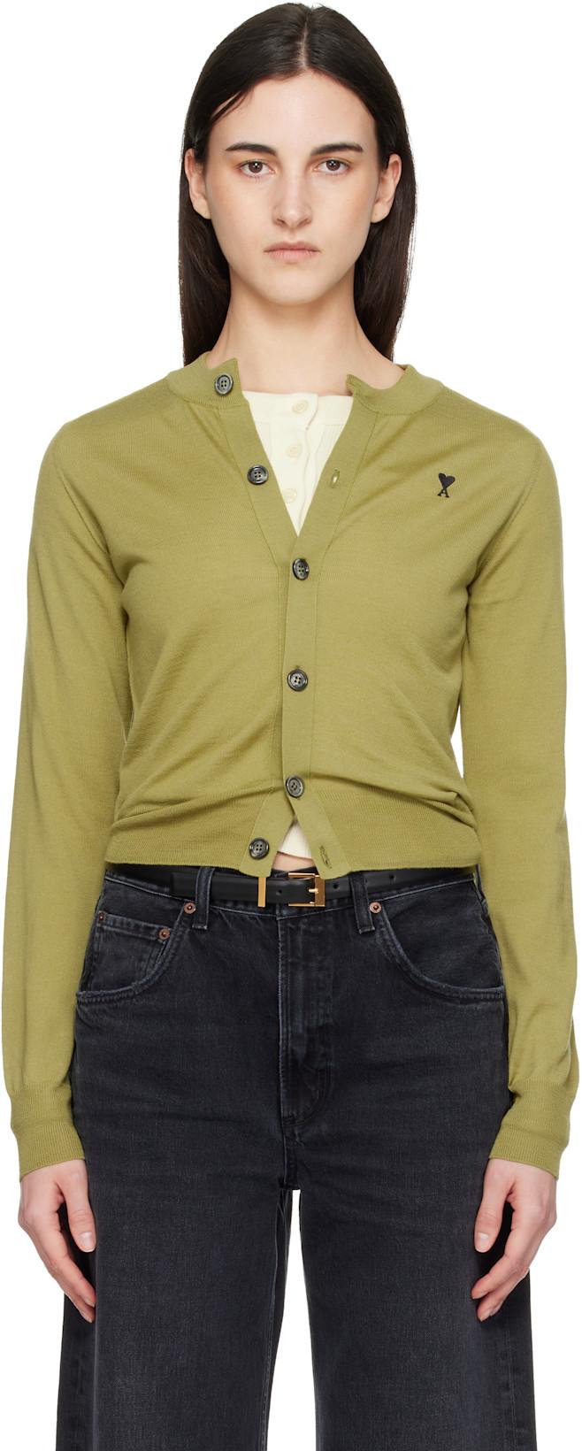 Green Wool Crewneck Ami de Coeur Cardigan by AMI