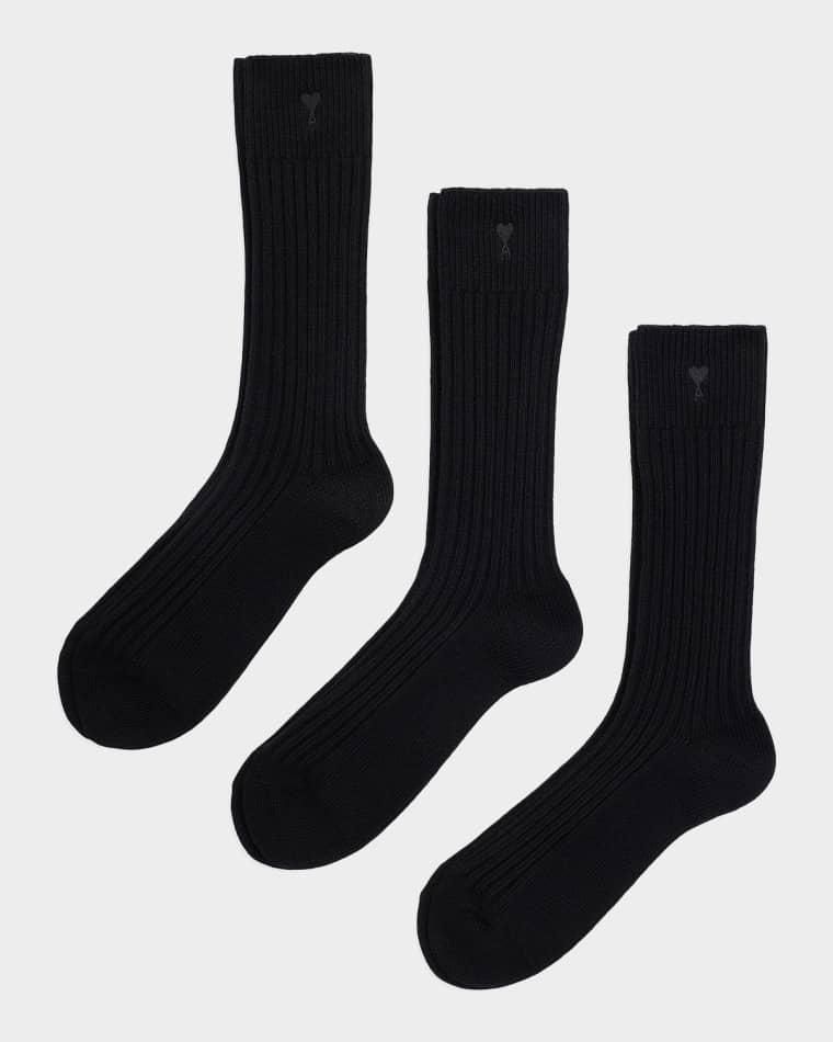 Men's Quota Embroidered Three-Pack Ribbed Crew Socks by AMI