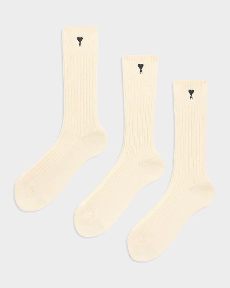 Men's Quota Embroidered Three-Pack Ribbed Crew Socks by AMI
