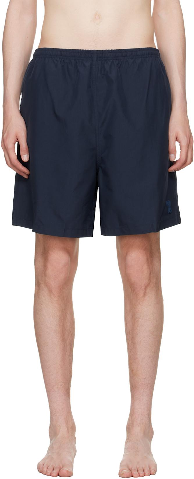 Navy Long Plain Swim Shorts by AMI