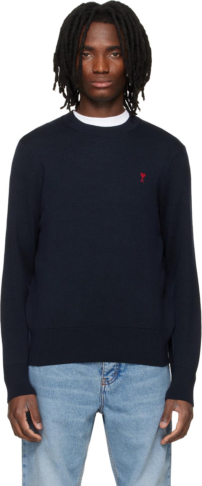 Navy Wool Contrasted Ami de Coeur Crewneck Sweater by AMI