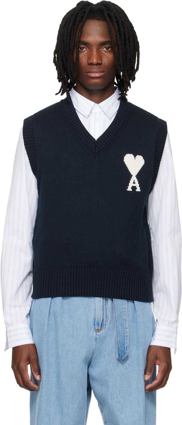 Navy Wool Cotton Sleeveless Ami de Coeur Sweater by AMI