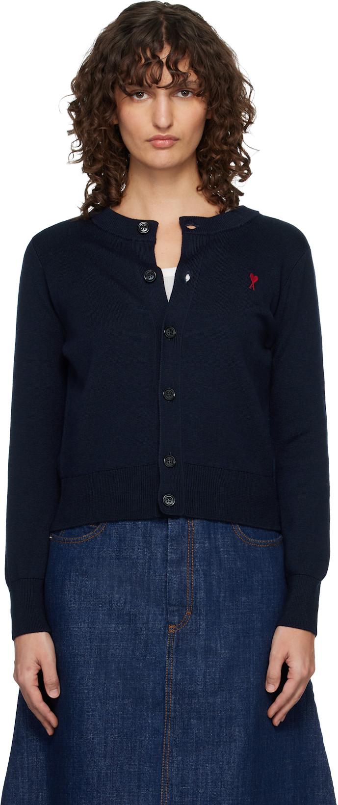 Navy Wool Crewneck Ami de Coeur Cardigan by AMI
