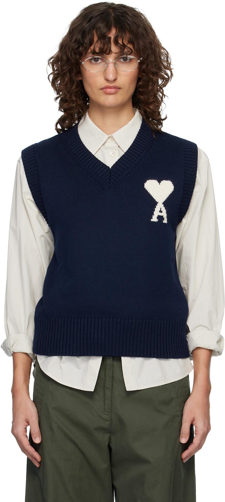Navy Wool & Cotton Sleeveless Ami de Coeur Vest by AMI