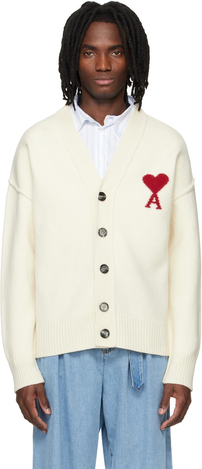 Off-White Wool Contrasted Ami de Coeur Cardigan by AMI