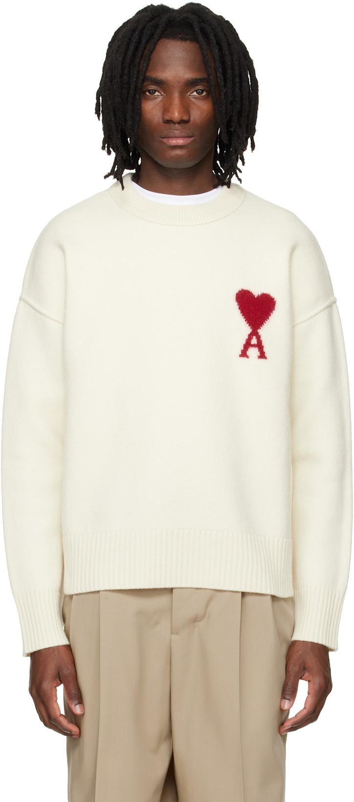 Off-White Wool Contrasted Ami de Coeur Crewneck Sweater by AMI