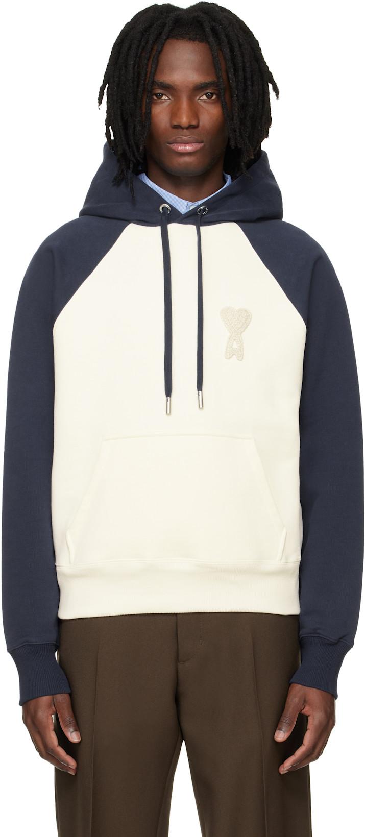 Off-White & Blue Cotton Knitted Ami de Coeur Hoodie by AMI
