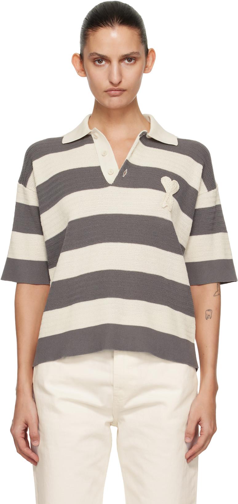 Off-White & Gray Short Sleeves 'Ami de Coeur' Polo by AMI