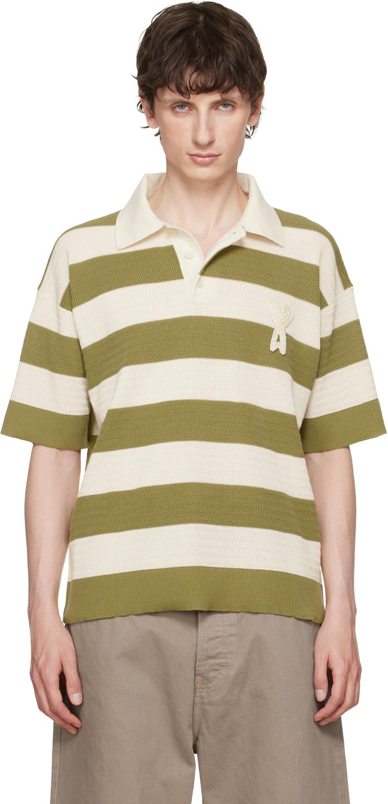 Off-White & Green Cotton 'Ami de Coeur' Polo by AMI