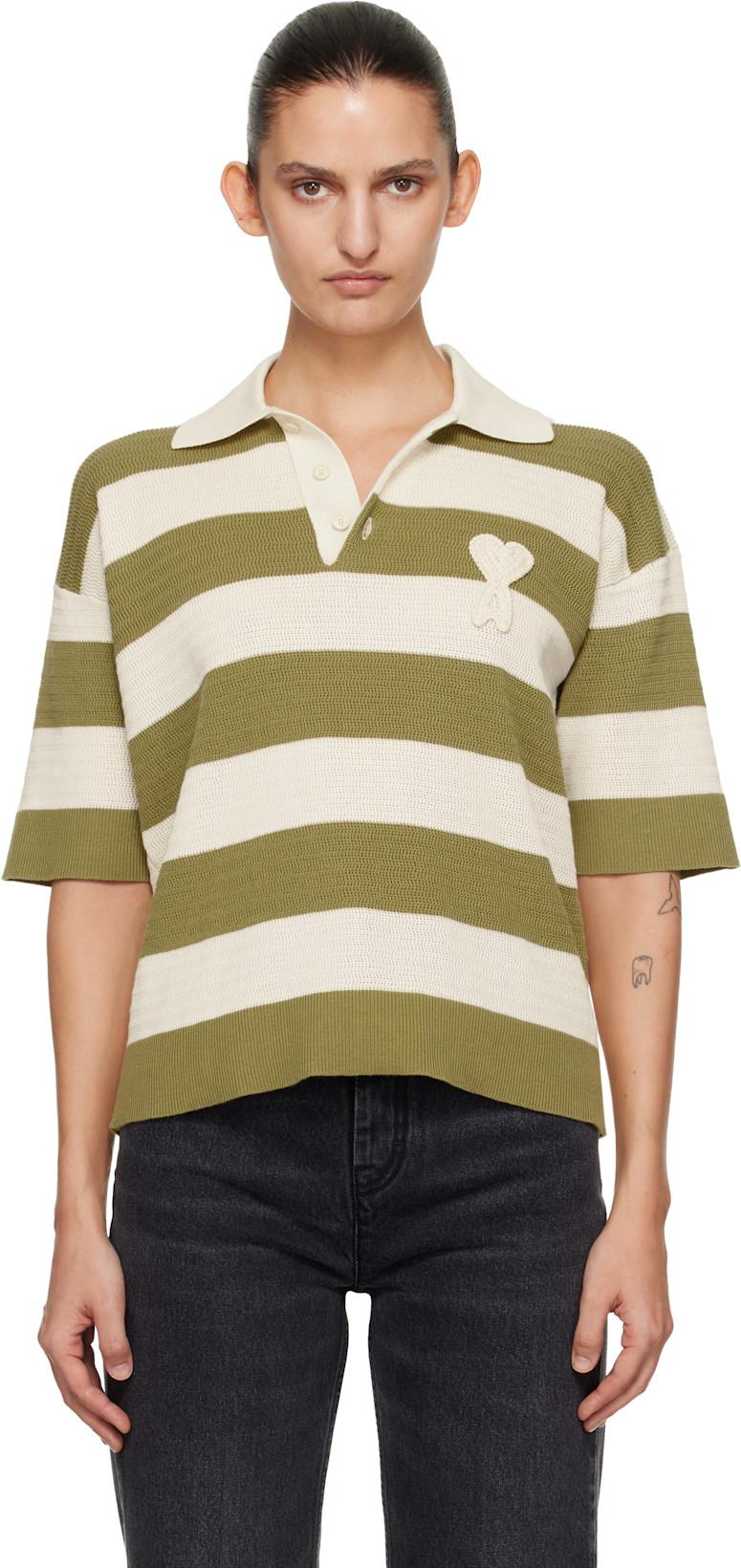 Off-White & Green Short Sleeves 'Ami de Coeur' Polo by AMI