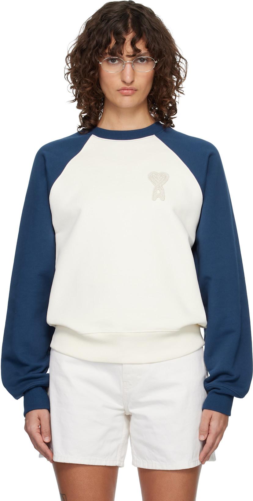 Off-White & Navy Cotton Knitted Ami de Coeur Sweatshirt by AMI