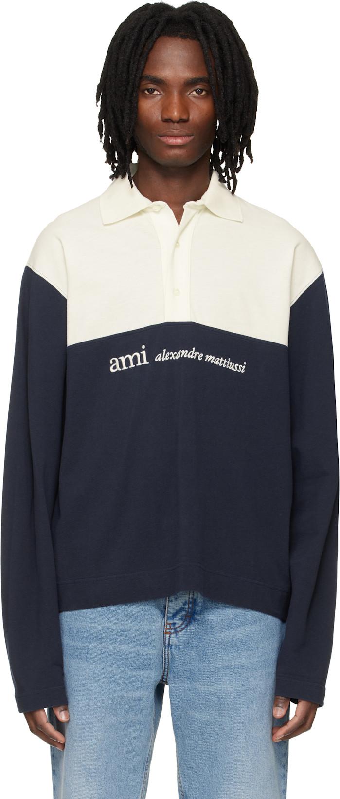 Off White & Navy Embroidery Boxy Fit Polo by AMI