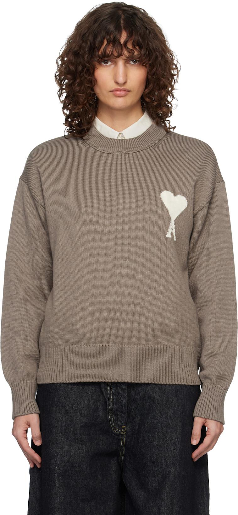 Taupe Wool & Cotton Crewneck Ami de Coeur Sweater by AMI