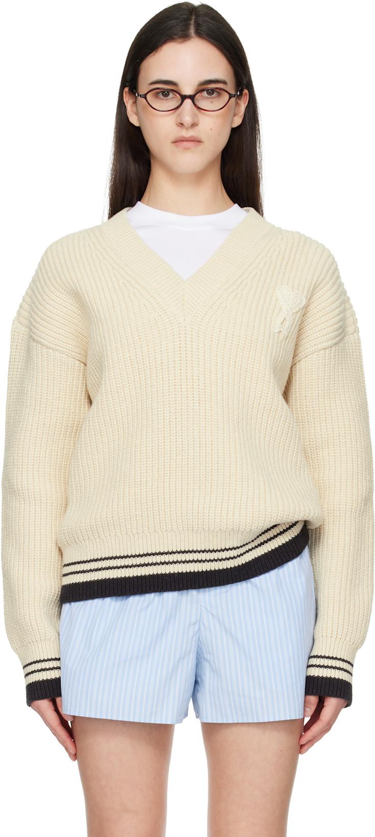 White Ribbed Wool V Neck Ami de Coeur Sweater by AMI